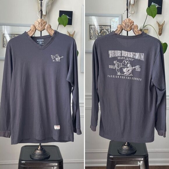 True Religion Grey Slim Fit Buddy Logo Vneck Long Sleeve Tshirt 2XL - Picture 1 of 6